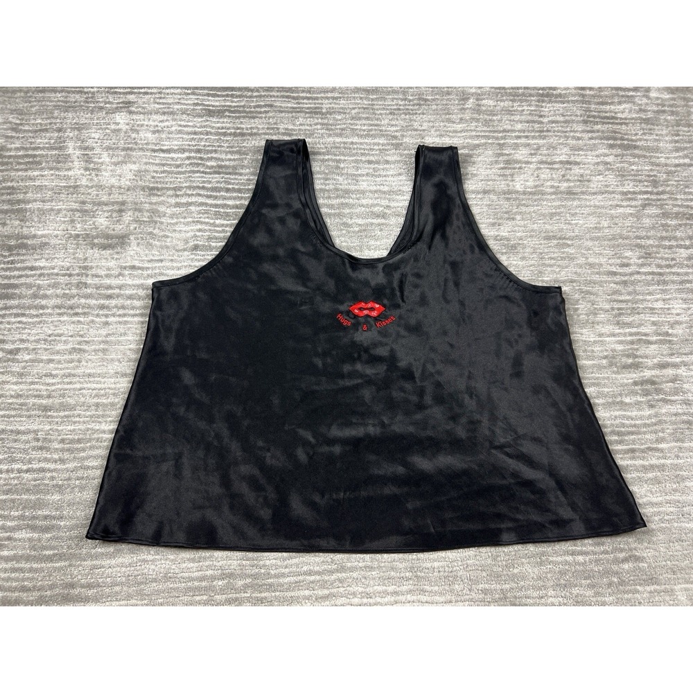 Delicates Tank Top Womens Large Black Hugs & Kisses Lips Satin Embroidered Y2K